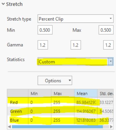 ArcGIS Pro... not possible to lock or copy statistics from a custom extend to be applied for the whole image.